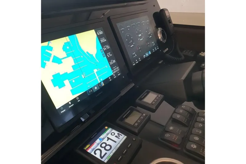 Amarsi Yacht Photos Pics Control panel of 2023 Prestige 520 yacht with navigation and communication systems.