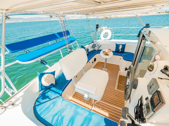 Aha Yacht Photos Pics 1997 Fountaine Pajot Tobago 35 yacht interior with blue seating and ocean view.