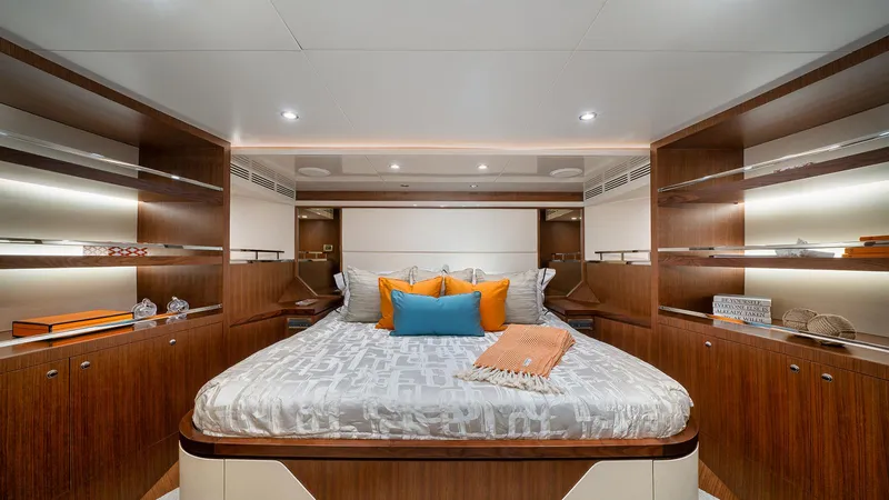 Sea N Sea Yacht Photos Pics Luxurious 2016 Ocean Alexander Skylounge bedroom with elegant wood finishes and modern decor.