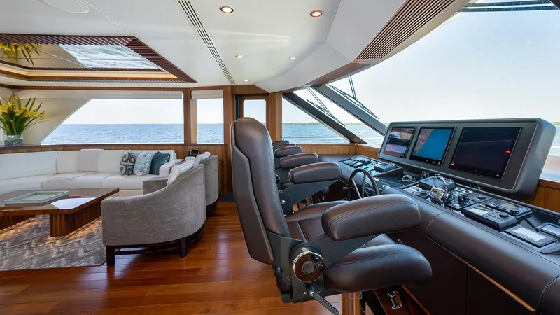 Sea N Sea Yacht Photos Pics Luxurious 2016 Ocean Alexander Skylounge interior with helm, seating, and ocean view.