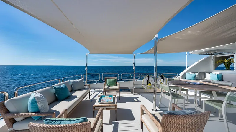 Sea N Sea Yacht Photos Pics Luxurious 2016 Ocean Alexander Skylounge yacht deck with elegant seating and ocean view.