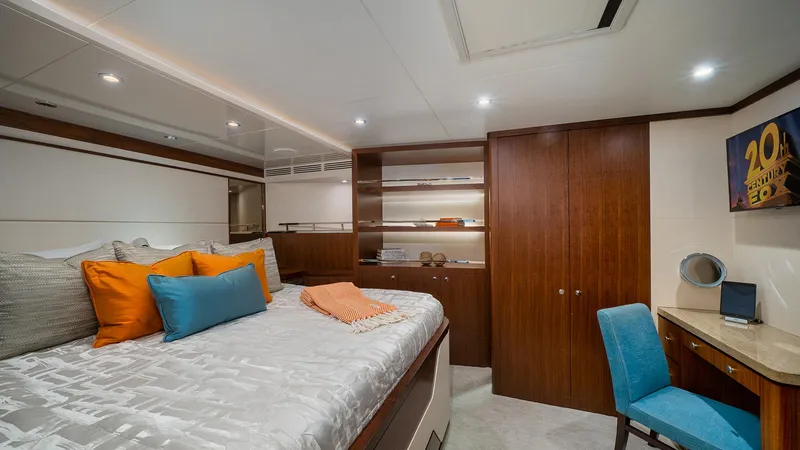 Sea N Sea Yacht Photos Pics Luxurious 2016 Ocean Alexander Skylounge bedroom with modern decor and vibrant accents.