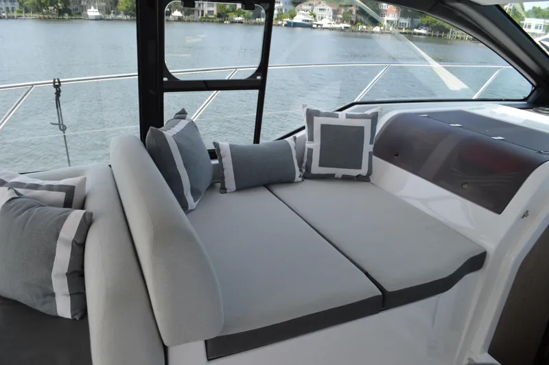 Amici Yacht Photos Pics Luxurious seating area on 2019 Azimut Atlantis 51 yacht with elegant cushions.
