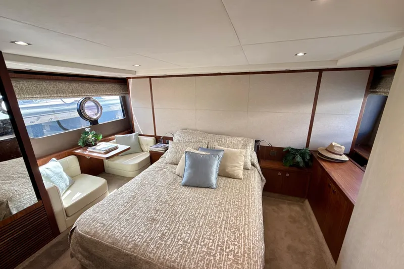 Wine Tyme Yacht Photos Pics Luxurious 2016 Sunseeker Predator 57 yacht bedroom with elegant decor and natural light.