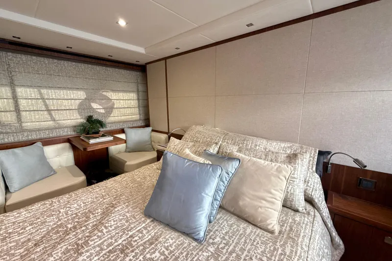 Wine Tyme Yacht Photos Pics Luxurious bedroom interior of 2016 Sunseeker Predator 57 yacht with elegant decor.