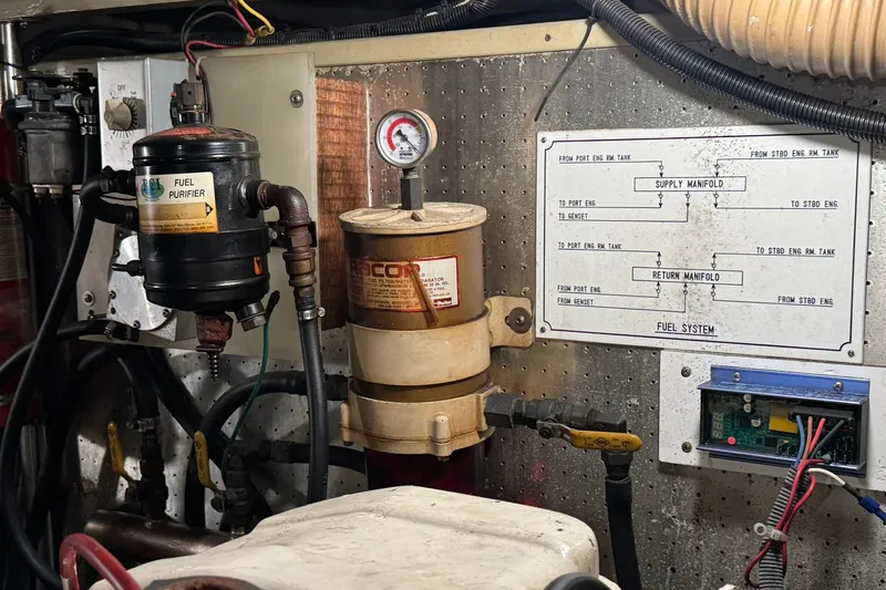 Sandial Yacht Photos Pics Engine room of 1991 DeFever 44 with fuel purifier and manifold diagram.