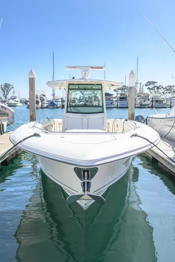 Nothing But Net Yacht Photos Pics 2016 Boston Whaler 350 Outrage docked, front view.