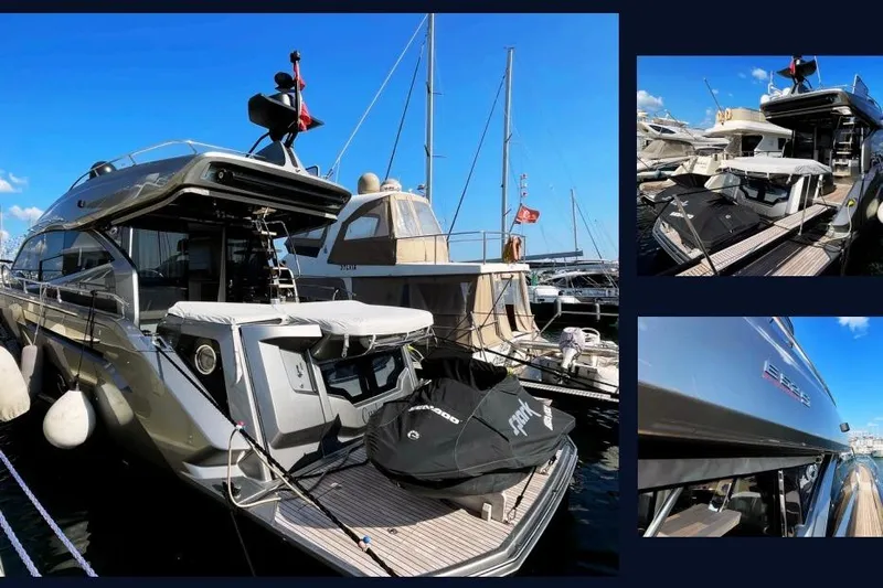  Yacht Photos Pics 2019 Cranchi E 52S Evoluzione yacht docked at marina, showcasing sleek design and luxury features.