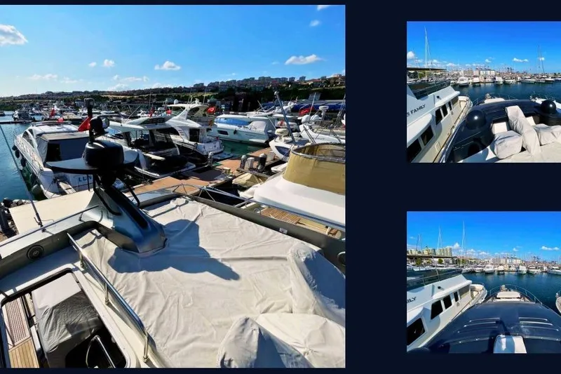  Yacht Photos Pics 2019 Cranchi E 52S Evoluzione yacht docked in a bustling marina under a clear blue sky.