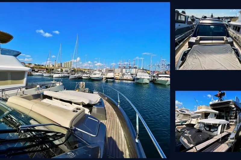  Yacht Photos Pics 2019 Cranchi E 52S Evoluzione yacht docked in a sunny marina.