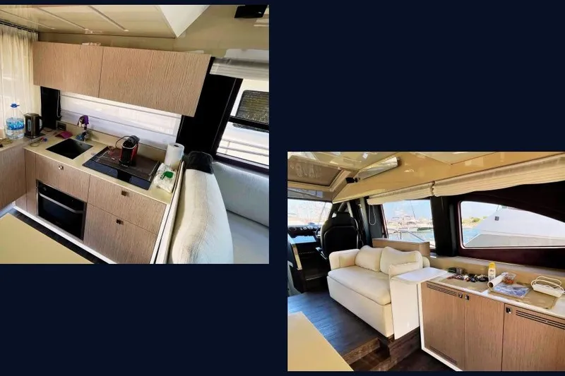  Yacht Photos Pics 2019 Cranchi E 52S Evoluzione yacht interior with modern kitchen and cozy seating area.