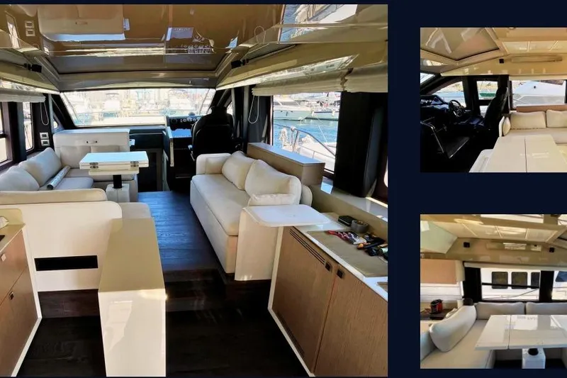  Yacht Photos Pics Luxurious interior of 2019 Cranchi E 52S Evoluzione yacht with modern furnishings.