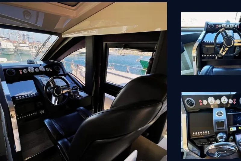  Yacht Photos Pics 2019 Cranchi E 52S Evoluzione yacht cockpit with modern steering and control panels.