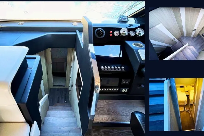  Yacht Photos Pics 2019 Cranchi E 52S Evoluzione yacht interior with modern helm and cabin stairs.