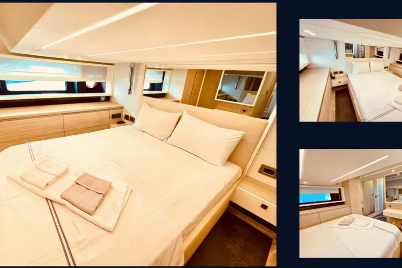  Yacht Photos Pics Luxurious bedroom interior of 2019 Cranchi E 52S Evoluzione yacht with modern design.