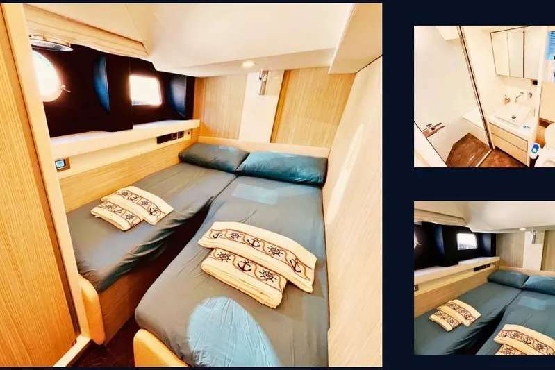  Yacht Photos Pics Luxurious interior of 2019 Cranchi E 52S Evoluzione yacht with cozy bedroom and modern bathroom.