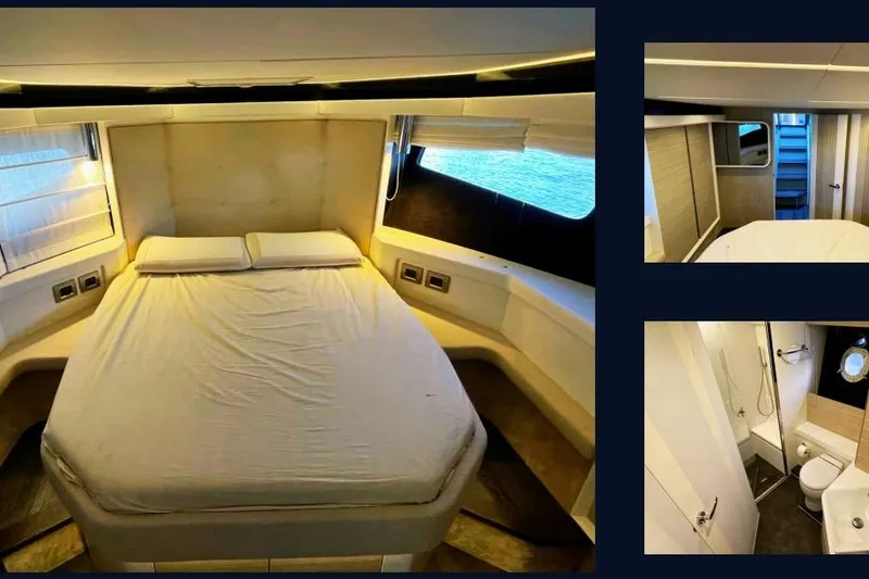  Yacht Photos Pics Luxurious 2019 Cranchi E 52S Evoluzione yacht interior with bedroom and bathroom.