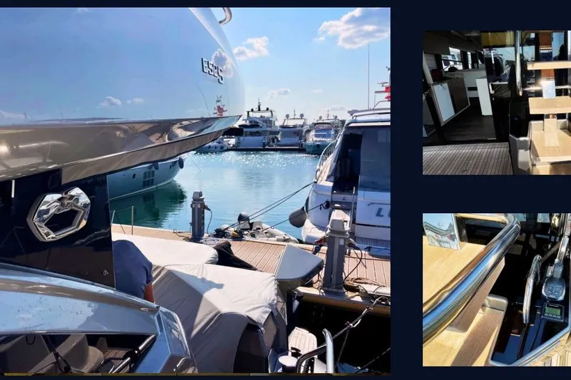  Yacht Photos Pics 2019 Cranchi E 52S Evoluzione yacht docked, showcasing sleek design and luxurious interior.