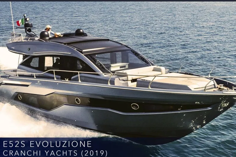  Yacht Photos Pics 2019 Cranchi E 52S Evoluzione yacht cruising on open water.