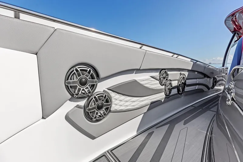  Yacht Photos Pics 2024 MTI V42 boat interior with sleek design and modern audio system.