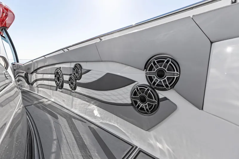  Yacht Photos Pics 2024 MTI V42 boat interior with sleek design and integrated speakers.