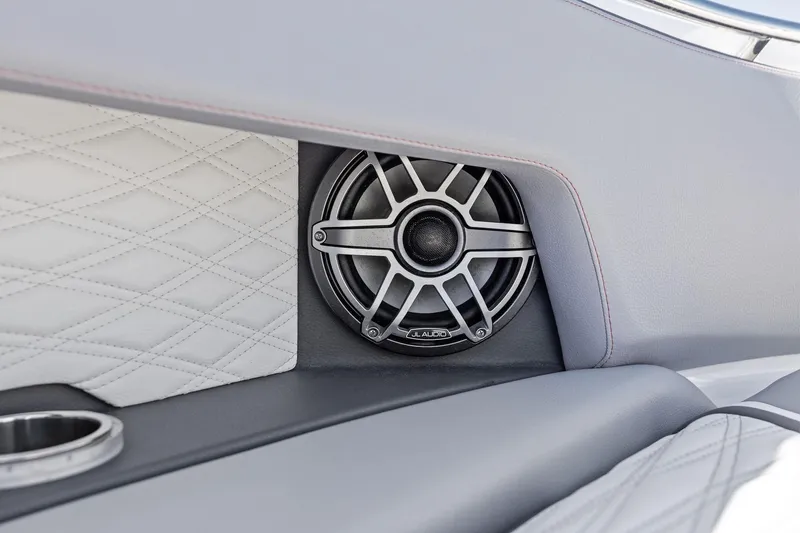  Yacht Photos Pics 2024 MTI V42 interior with JL Audio speaker and quilted leather upholstery.