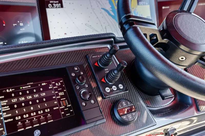  Yacht Photos Pics Dashboard of 2024 MTI V42 boat with advanced navigation controls and displays.