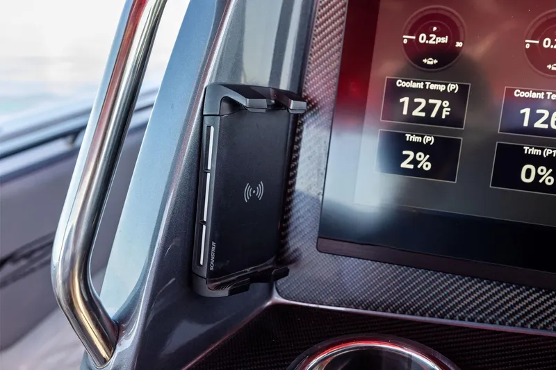  Yacht Photos Pics 2024 MTI V42 dashboard with digital display showing coolant temperature and trim levels.