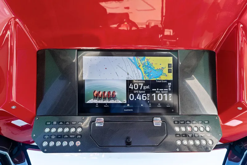  Yacht Photos Pics Dashboard of 2024 MTI V42 boat with Garmin navigation display and control panel.