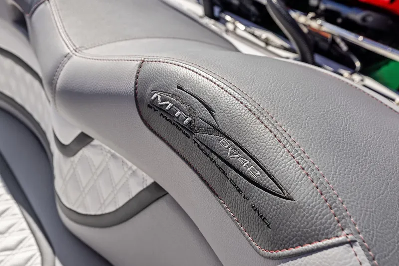  Yacht Photos Pics Gray leather seat with MTI V42 logo, 2024 model, featuring detailed stitching.