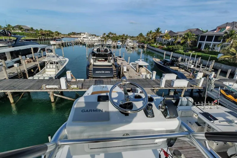  Yacht Photos Pics Marina view from Freeman 42 yacht, 2025 model, with Garmin navigation system.