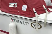 2003 Cobalt 200 boat with red cover and logo, docked with fender attached.