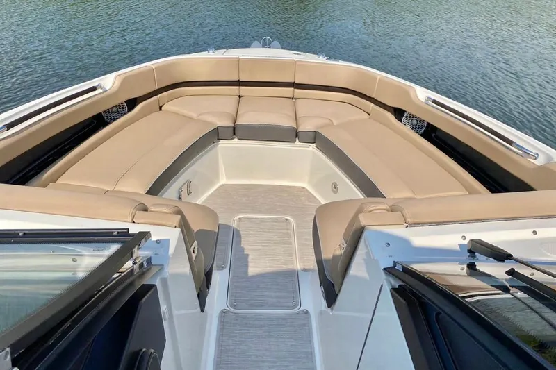 2017 Sea Ray 310 Slx @ Puerto Vallarta "bella" Yacht Photos Pics 2017 Sea Ray 310 SLX boat interior with tan seating and open water view.