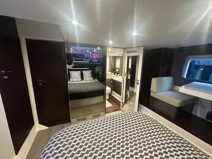 American Dream Yacht Photos Pics Luxurious interior of 2023 Schaefer 660 yacht with modern bedroom and entertainment system.