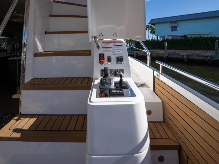 American Dream Yacht Photos Pics Schaefer 660 yacht control panel and stairs, 2023 model, with wooden deck accents.