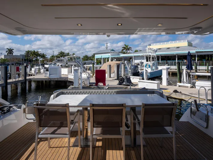 American Dream Yacht Photos Pics Luxury Schaefer 660 yacht deck with marina view, 2023 model.