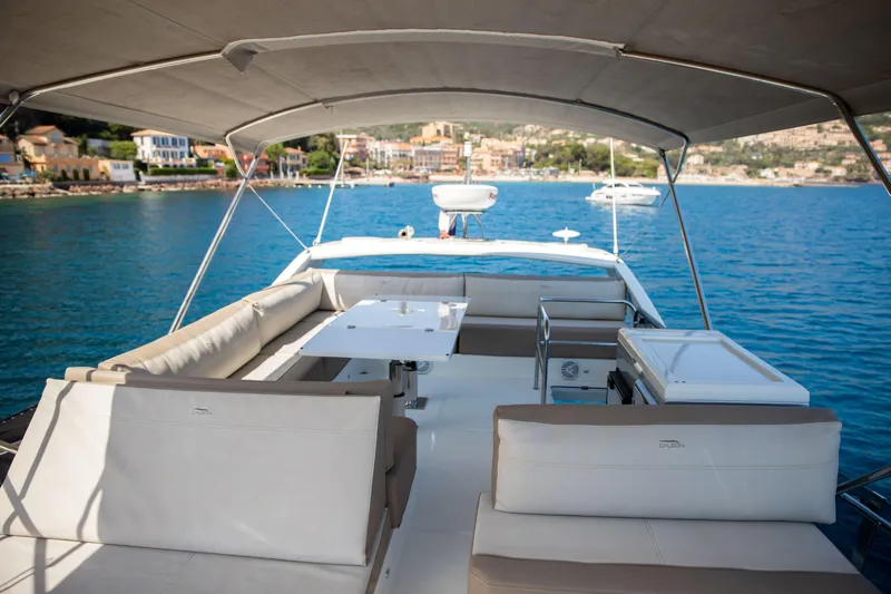  Yacht Photos Pics Luxurious 2021 Galeon 460 Fly yacht with spacious deck and scenic coastal view.