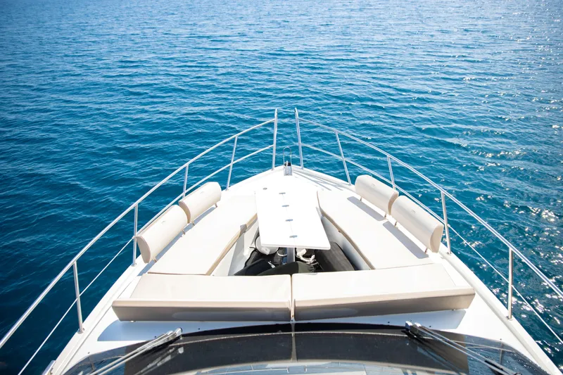  Yacht Photos Pics Front deck of 2021 Galeon 460 Fly yacht on open sea.