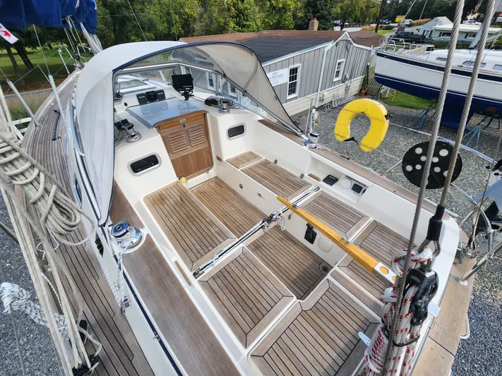 Ceres Yacht Photos Pics 2016 Hallberg-Rassy 342 sailboat cockpit with wooden deck and safety equipment.