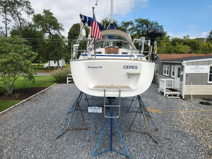 Ceres Yacht Photos Pics 2016 Hallberg-Rassy 342 sailboat "Ceres" on stands, Newport RI, gravel lot.