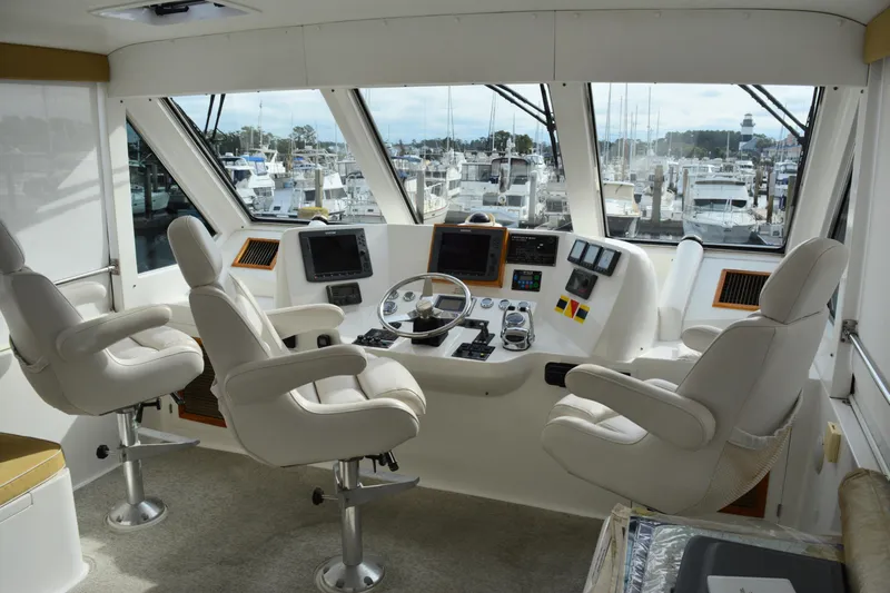 Wandra Yacht Photos Pics 2008 Novatec Islander 60 yacht helm with modern controls and panoramic marina view.