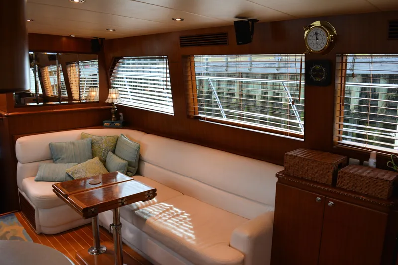 Wandra Yacht Photos Pics Luxurious interior of 2008 Novatec Islander 60 yacht with elegant seating and wooden accents.
