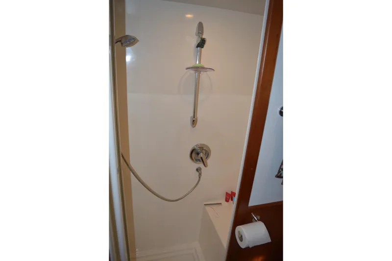 Wandra Yacht Photos Pics Shower area in 2008 Novatec Islander 60 yacht, featuring modern fixtures.