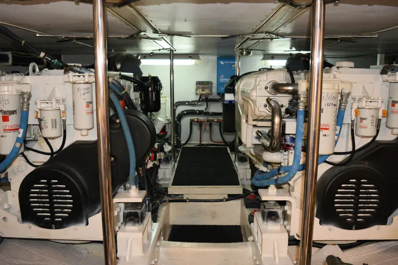 Wandra Yacht Photos Pics Engine room of 2008 Novatec Islander 60 yacht with dual engines and filtration systems.