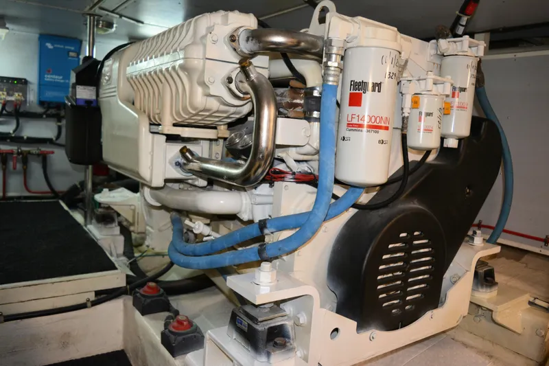 Wandra Yacht Photos Pics Engine room of 2008 Novatec Islander 60 yacht with visible filters and components.