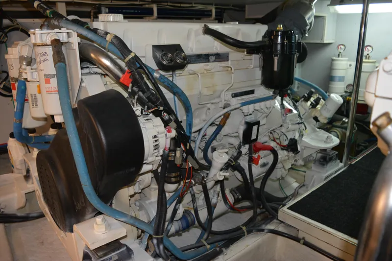 Wandra Yacht Photos Pics Engine room of 2008 Novatec Islander 60 yacht, showcasing mechanical components and wiring.