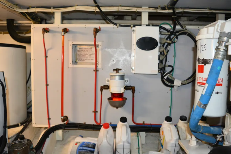 Wandra Yacht Photos Pics Engine room of 2008 Novatec Islander 60 yacht with fuel and filtration systems.