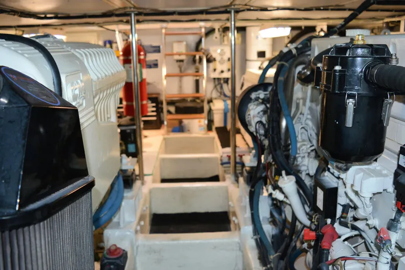 Wandra Yacht Photos Pics Engine room of 2008 Novatec Islander 60 yacht, showcasing machinery and equipment.