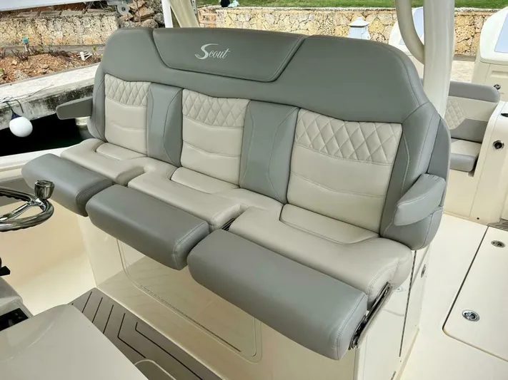  Yacht Photos Pics 2023 Scout 377 LXF boat with luxurious gray and white seating.