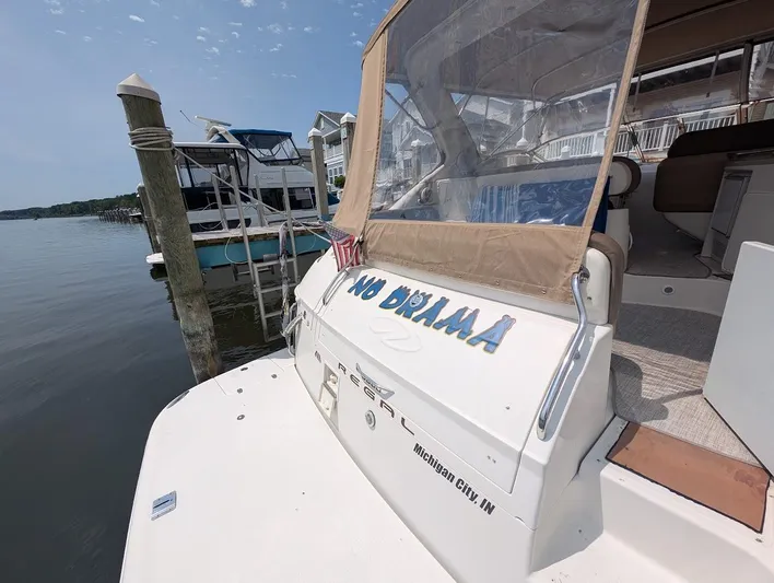 No Drama Yacht Photos Pics 2002 Regal Commodore 3860 boat docked, featuring "No Drama" text on the stern.